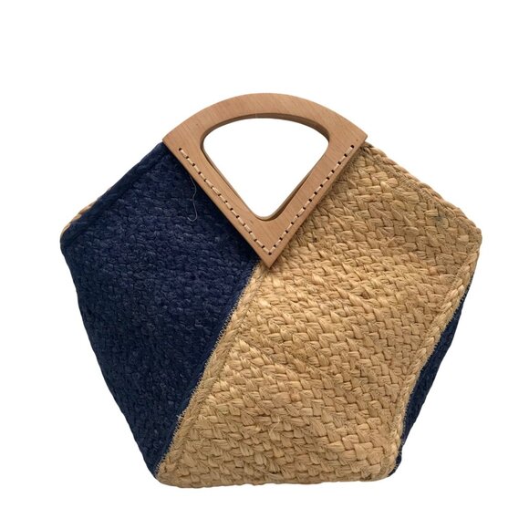 MMS Brands Handbags - MMS Brands Natural Woven Jute and Blue Braided Tote Bag